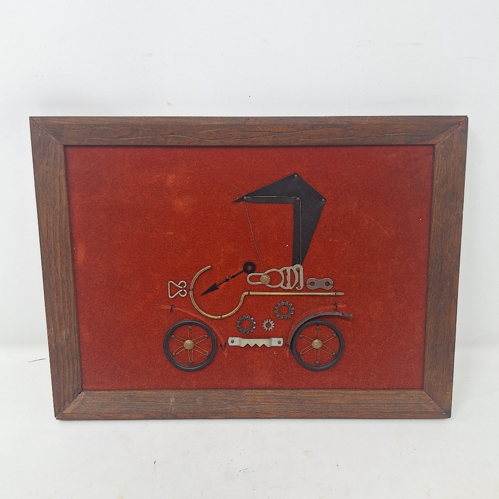 Vintage Folk Art Classic Car Picture Red Felt Steampunk Mixed Media 60s MCM